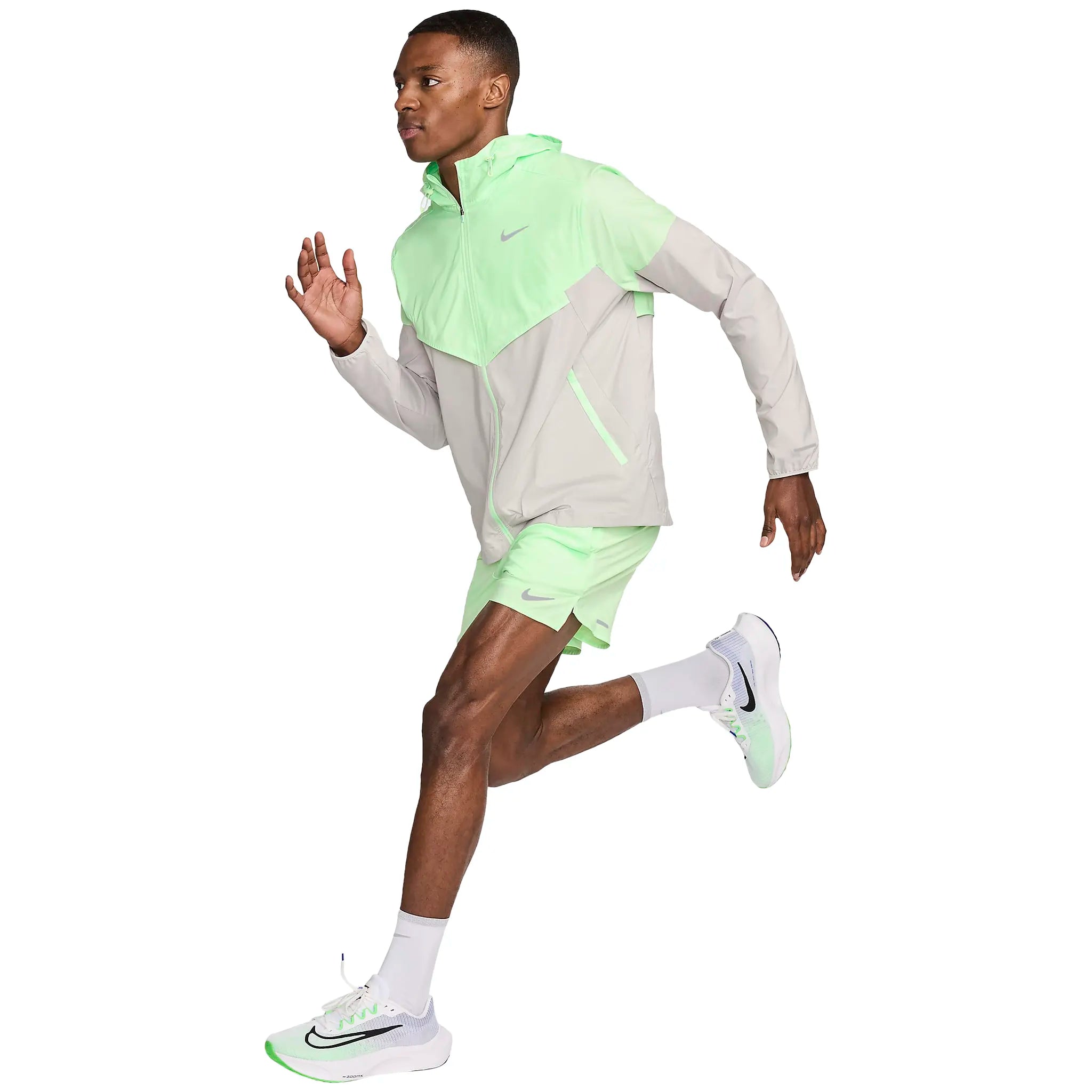 Model view of Nike Repel Packable Vapour Green Light Iron Ore Windrunner Jacket FB7541-376